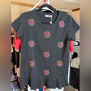 Blugirl Folies Black T-Shirt with Red Floral Rivets Size 42